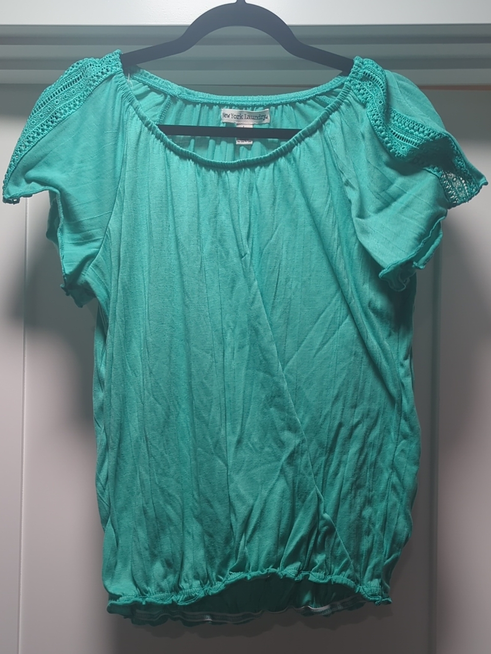 New York Laundry Aqua Crochet Sleeve Peasant Blouse
